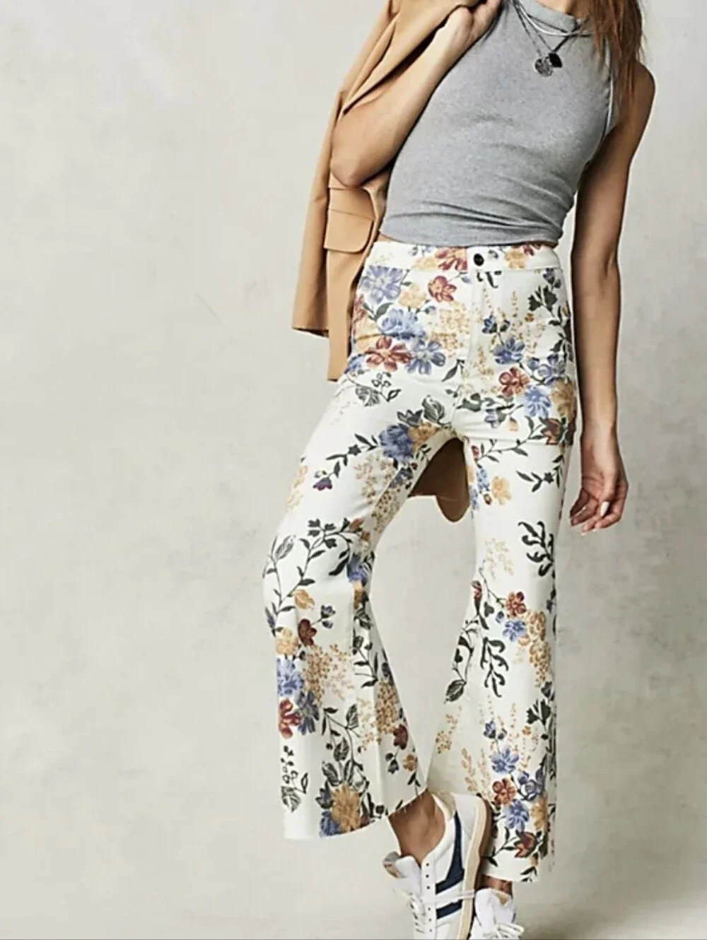 Free People Youthquake Floral Print Crop Flare Jeans Cream Size 32